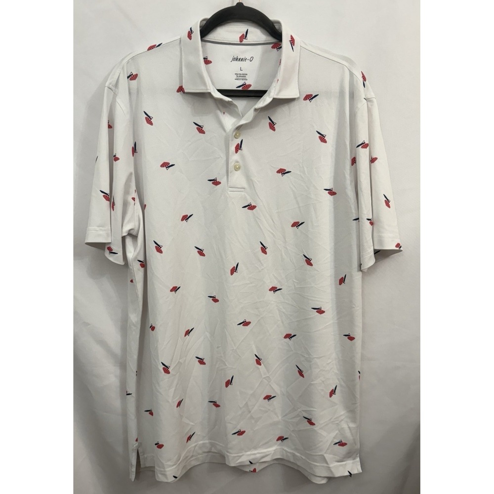 Johnnie-O Polo Shirt White Stretch Beach Umbrellas Mens Size L‎ Golf